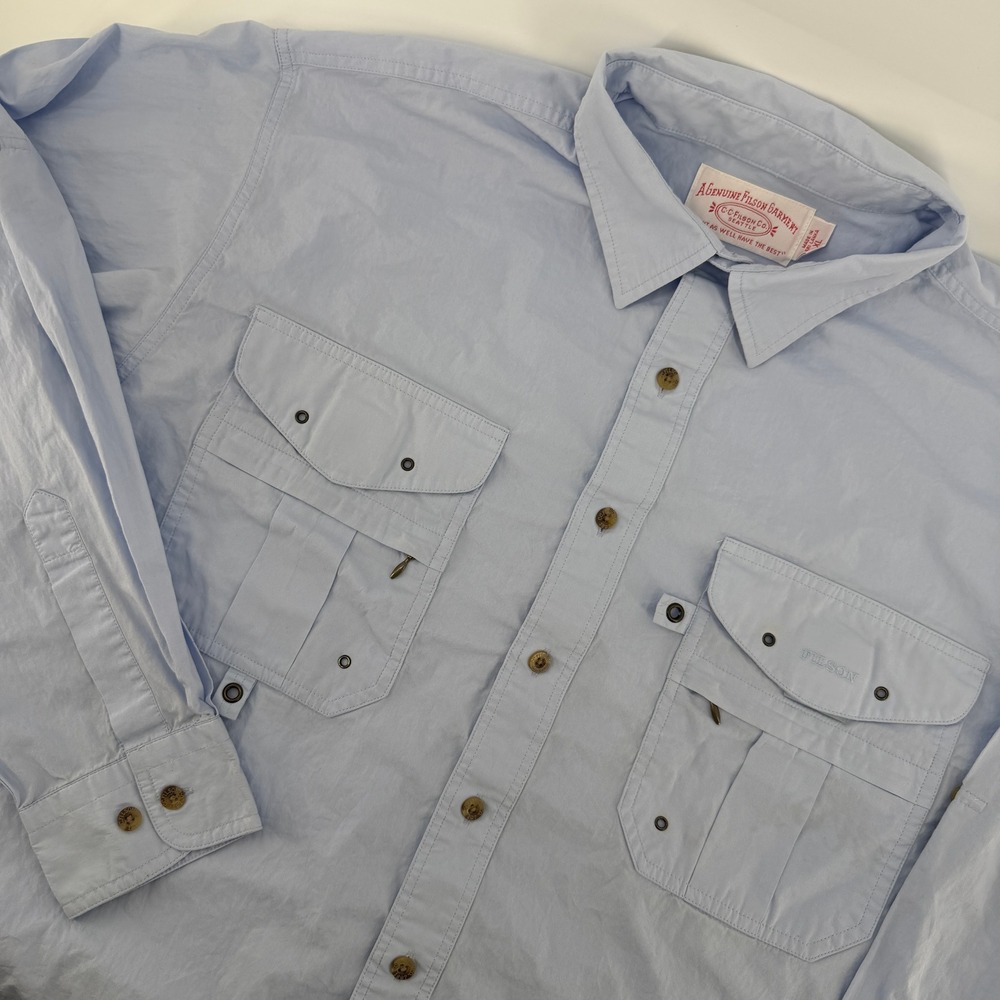 C.C. Filson Utility Fishing Shirt Mens XL Light Blue Long Sleeve Roll Tab Pocket